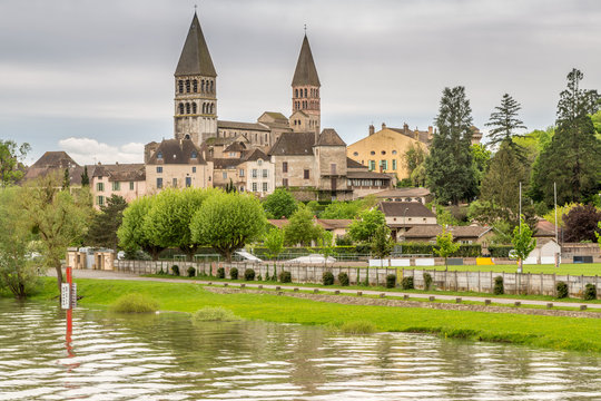Village of Tournus France on a Cloudy Spring Day as Seen From a Riverboat Cruising on The Saone River