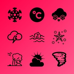 Vector icon set about weather with 9 icons related to color, energy, silhouette, thermometer, icon, thunder, climate, flooding, sunlight and bright