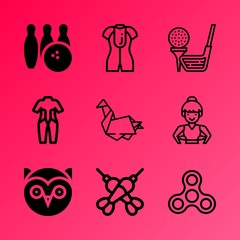 Vector icon set about hobby with 9 icons related to scuba, decoration, icon, bird, closeup, training, rifle, crane, sport and rotation