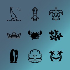 Vector icon set about sea with 9 icons related to nobody, meat, algae, sky, floating, fresh, leaf, boat, building and city