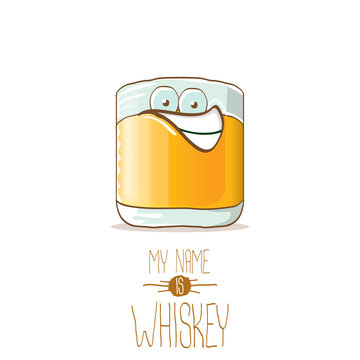 vector funny whiskey glass character isolated on white background. My name is whiskey vector concept. funky hipster alcohol character icon for bars label or menu