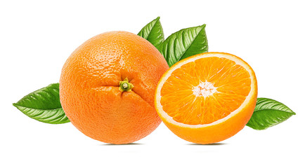 Oranges with leaves isolated on white background with clipping path