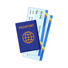 Passport with tickets. Air travel concept. Flat Design citizenship ID for traveler isolated. Blue international document. Stock flat vector illustration.