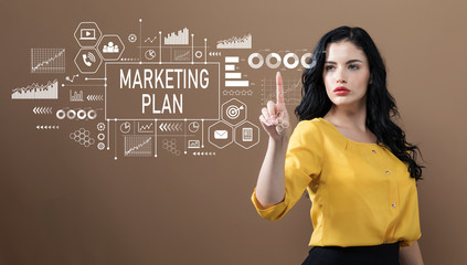 Marketing plan with business woman on a brown background