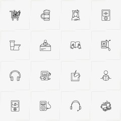 Activities line icon set with sewing  needle, beer and headphone