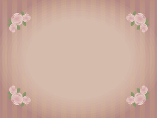 Fototapeta na wymiar A burgundy color striped old retro vector horizontal card with a blank oval area for the inscription and a pattern of small dusty light pink roses in the corners with green leaves.