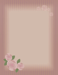 Fototapeta na wymiar A bordeaux color striped old retro vector vertical page postcard with empty light rectangular inscription area, a large composition of dusty pink roses at the bottom in the lower left corne.