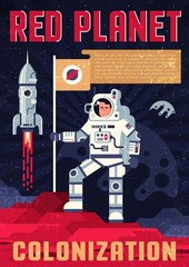 Astronaut in spacesuit with fluttering flag on the surface of another planet, retro poster template in a flat style. Grunge worn texture on a separate layer and easily deactivated.