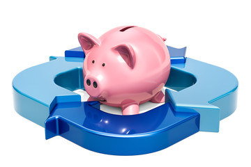 Financial or banking concept. Blue arrows with piggy bank, 3D rendering