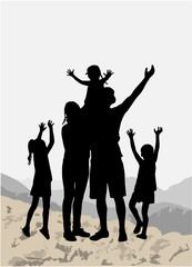 Silhouette family of mountains in the background.