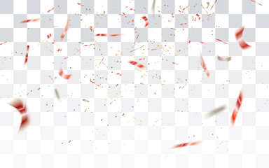 Realistic falling defocused red confetti isolated on transparent checkered background.Vector illustration.