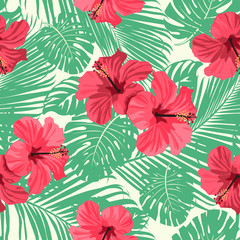 Tropical flowers and palm leaves on background. Seamless. Vector pattern.