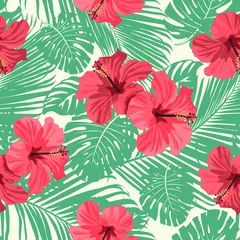 Behang Hibiscus Tropische bloemen en palmbladeren op de achtergrond. Naadloos. Vectorpatroon.