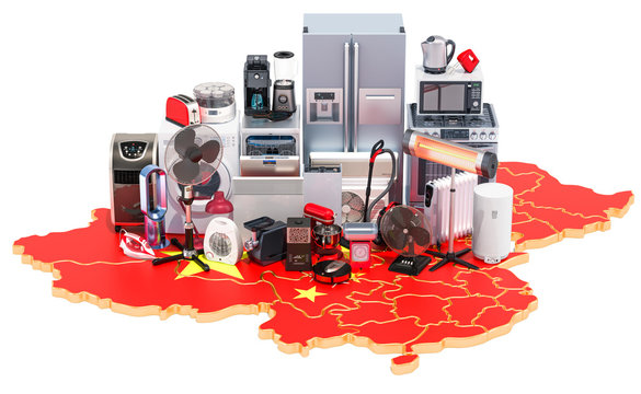Map of China with home and kitchen appliances, 3D rendering