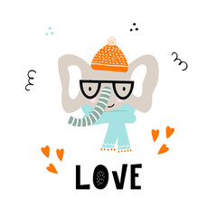 Love - Cute hand drawn nursery poster with cool elephant animal with glasses and a hat and with hand drawn lettering.