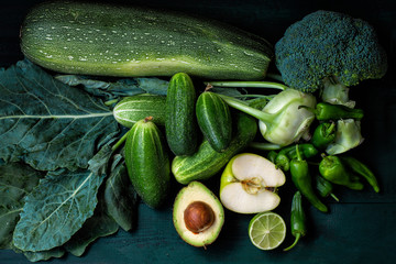 vegetarianism. green Vegetables on a dark background. breakfast