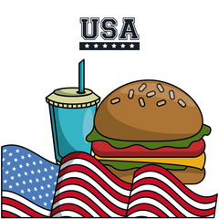 American fast food burger and soda with flag vector illustration graphic design