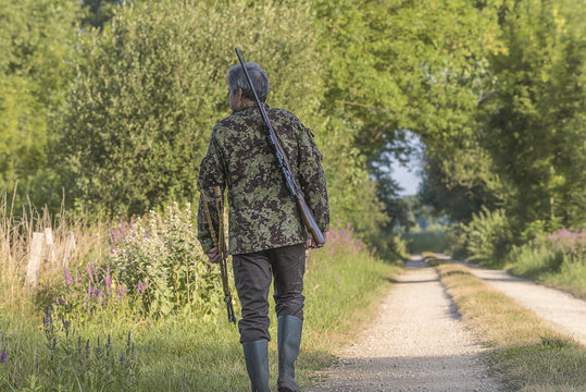 Hunting season/One hunter walking with hunting carbine with optical sight along the way on sunny day