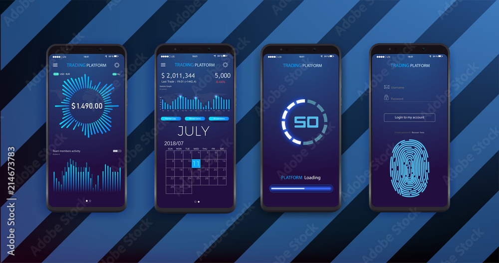 Poster ui, ux and gui template layout for mobile apps. statistic dashboard. smartphone screen with stock ma