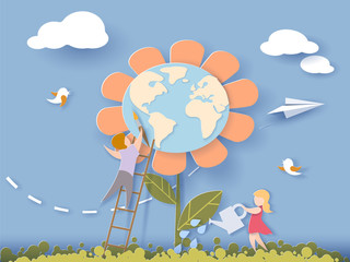 Children caring for the Earth flower with blue sky background. Save the planet card. Vector illustration. Paper cut and craft style.