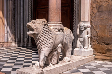 Sculptures of lions at the entrance to the Basilica of Santa Maria Maggiore. Bergamo, Italy. The Basilica of Santa Maria Maggiore is the most beautiful church in Bergamo