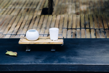 Ceramic bowl at Arashiyama Nonomiya Shrine in Kyoto, Japan
