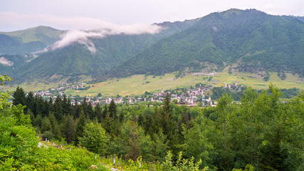 Fototapeta na wymiar Towers in Mestia village in Svaneti area Caucasus mountains in Georgia