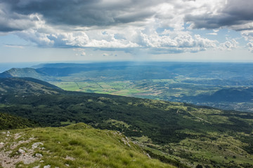 soft focus summer colorful nature mountain landscape concept from above with view to ocean island field and horizon lane