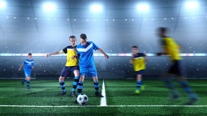 Young soccer players in action on the soccer stadium. Crowd and stadium made in 3D