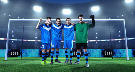 Young soccer team in front of the goal on professional soccer stadium. Crowd and stadium made in 3D