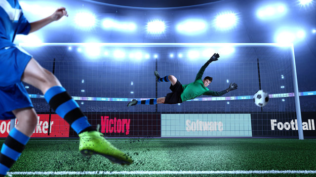 Young soccer player is kicking ball while goalkeeper defends on a professional soccer stadium. Stadium and crowd are made in 3D. Players in unbranded cloth.