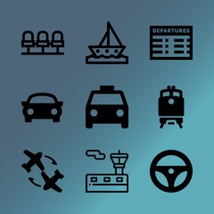 Vector icon set about transport with 9 icons related to sky, flat, crew, traffic, view, light, navigation, air, scooter and wagon