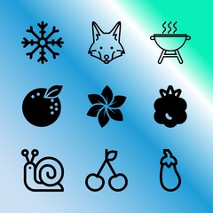 Vector icon set about gardening with 9 icons related to ripe, blooming, cute, garden, close, fruit, animal, fire, decoration and summer