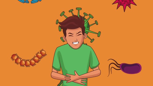 Young man with stomach ache bacterias cartoons High definition colorful scenes animation