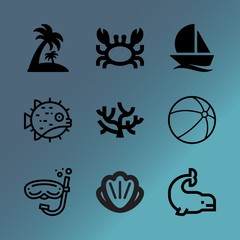 Vector icon set about sea with 9 icons related to kids, retro, red, air, tour, resort, saltwater, delicious, holiday and art