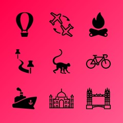 Vector icon set about travel and tourism with 9 icons related to motorcycle, color, bike, red, place, van, landscape, thames, competition and position