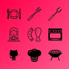 Vector icon set about kitchen with 9 icons related to summer, delicious, apartment, diner, heat, grid, silverware, cuisine, isolated and bratwurst