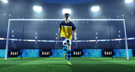 Young soccer player with ball in front of the goal on a professional 3D stadium