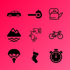 Vector icon set about fitness and sport with 9 icons related to package, handle, beverage, flammable, spoke, team, seat, summer, breakfast and morning