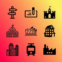 Obraz premium Vector icon set about building with 9 icons related to panorama, processing, summer, nation, building, apartment, map, coin, gas and generator