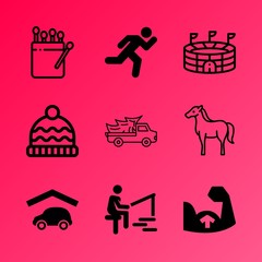 Vector icon set about fitness and sport with 9 icons related to suitcase, 3d, comfortable, illuminated, carry, woolen, hook, traffic, rack and outside