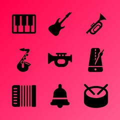 Vector icon set about music instruments with 9 icons related to sheet, symbol, isolated, piano, sign, instrument, festival, drum, music keys and creative