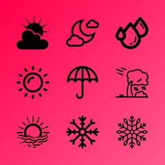 Vector icon set about weather with 9 icons related to clouds, warm, moody, bokeh, scene, autumn, ominous, season, sunny and bright