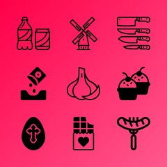 Vector icon set about food with 9 icons related to carbonated, blue, weapon, calories, sun, stem, bbq, chocolate bar, calorie and meadow