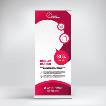 Roll-up design, modern graphic style, banner for advertising goods and services, stand for exhibitions, presentations, conferences, seminars. Abstract red background for posting photos and text.