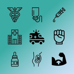 Vector icon set about medicine with 9 icons related to maternal, home, communicate, expecting, male, body, lights, fast, treatment and protect