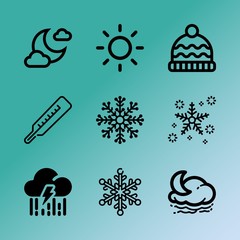 Vector icon set about weather with 9 icons related to flash, cosmos, garment, wear, clouds, scenic, overlay, shine, season and arrow