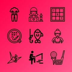 Vector icon set about hobby with 9 icons related to child, line, set, paper, stitch, ball, animal, sunrise, wetsuit and season
