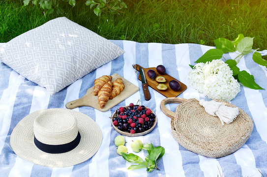 Picnic Instagram Style Food Fruit Bakery Berries Green Grass Summer Time Rest Background Sunlight