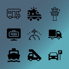 Vector icon set about transport with 9 icons related to spanner, red, window, metal, highway, shipping, wildlife, aviation, accident and family